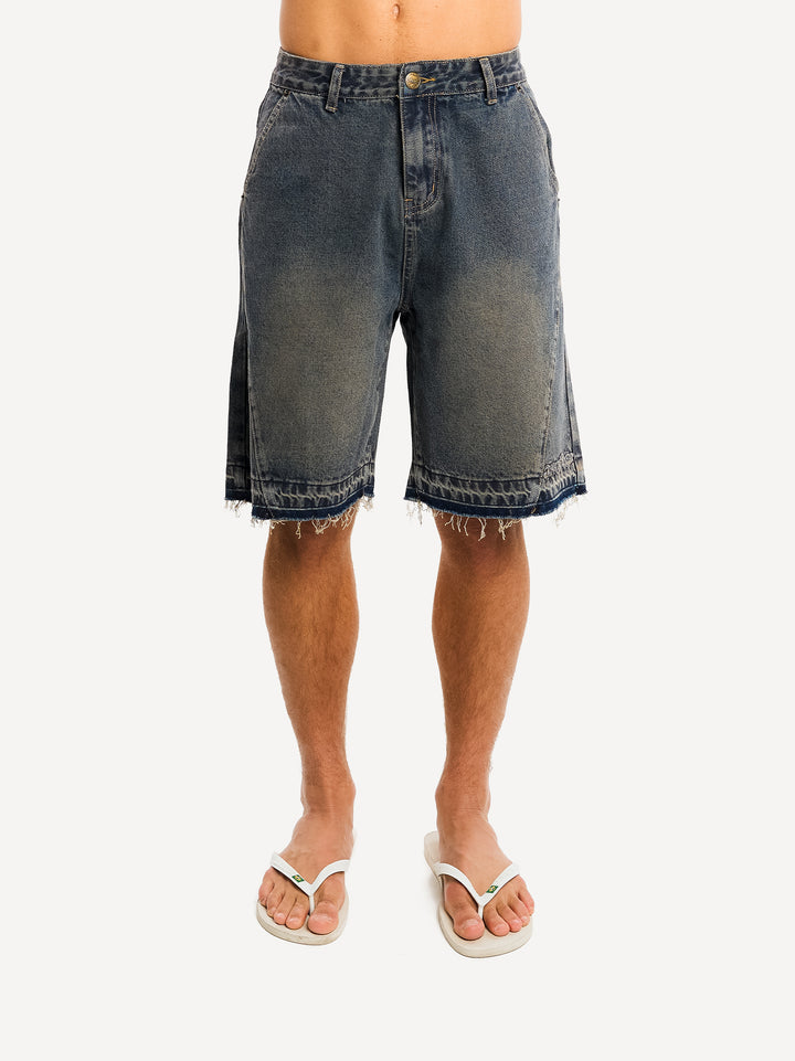 Destroyed Baggy Denim Short — Washed Grey