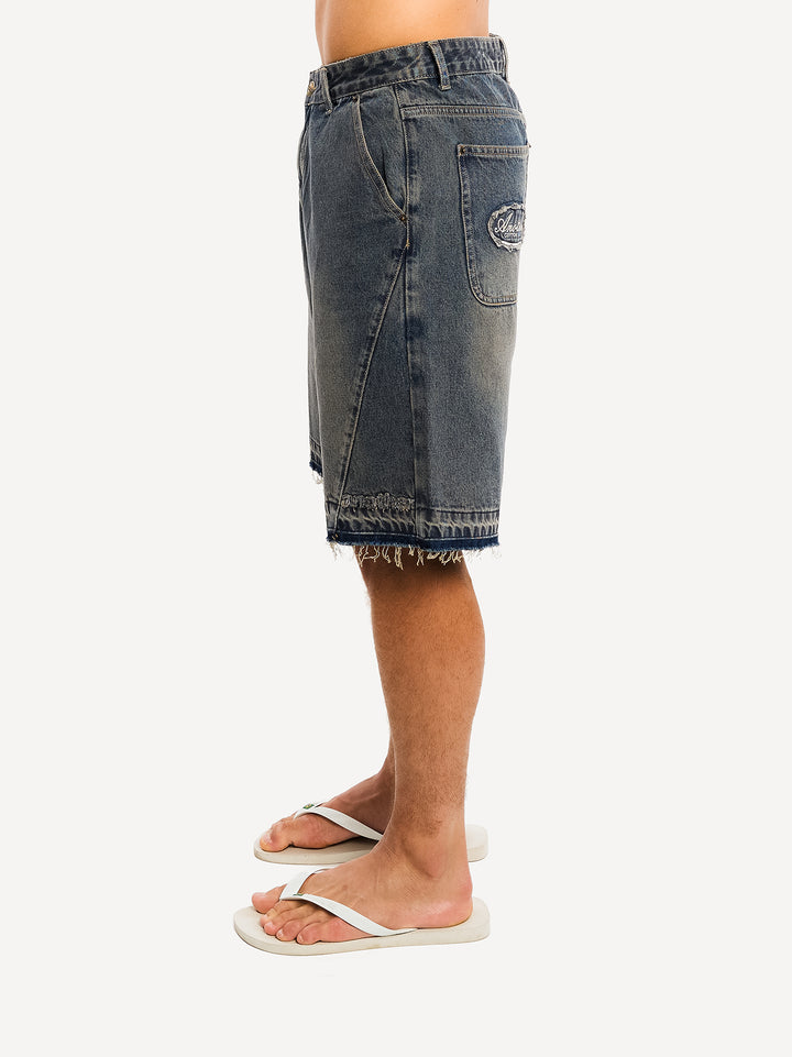 Destroyed Baggy Denim Short — Washed Grey