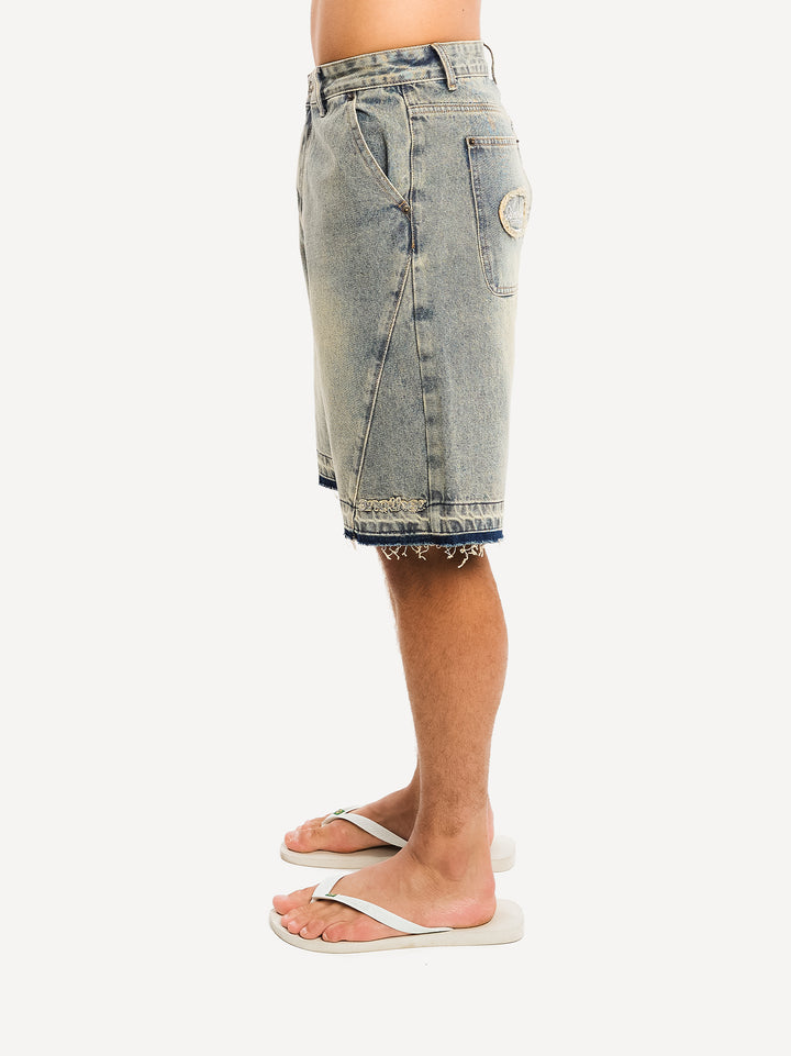 Destroyed Baggy Denim Short — Denim Blue