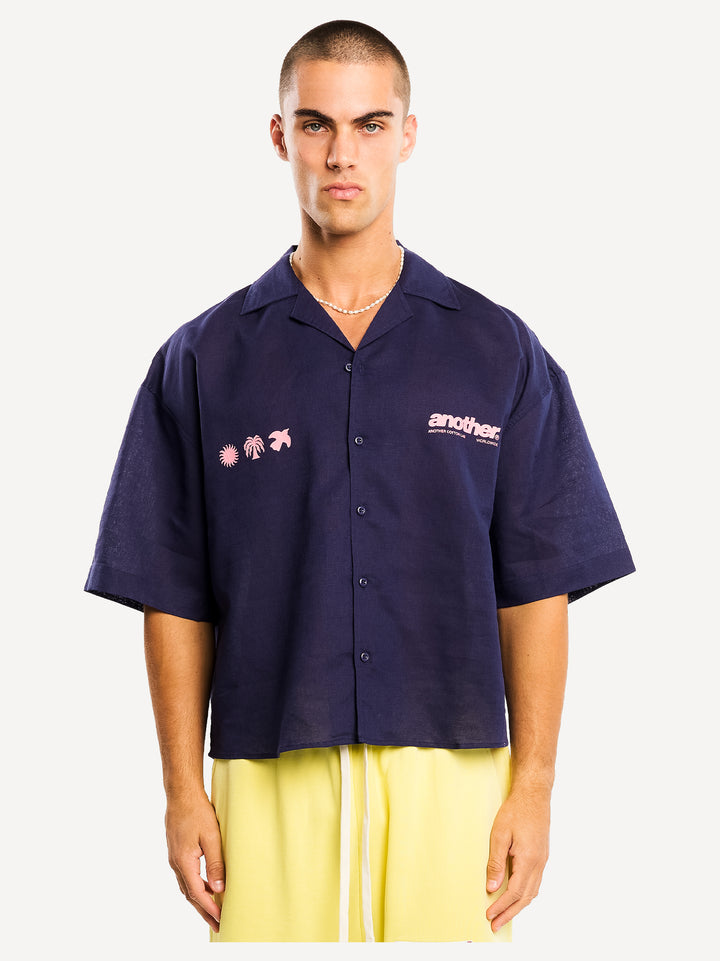 Rave & Athletic Dept. Linen Bowling Shirt — Navy Blue