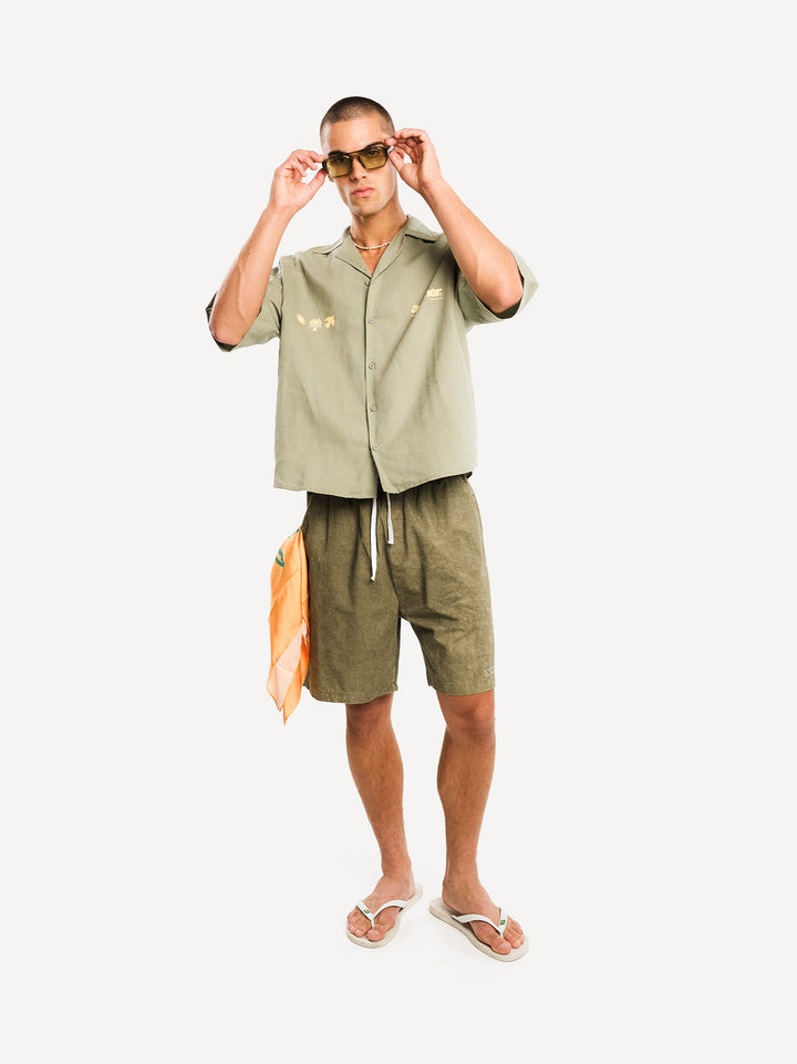 Rave & Athletic Dept. Linen Bowling Shirt — Olive